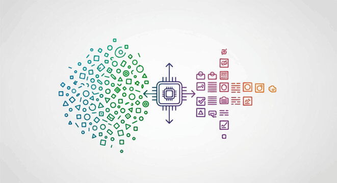 Abstract digital processor transforming diverse inputs into structured outputs with icons