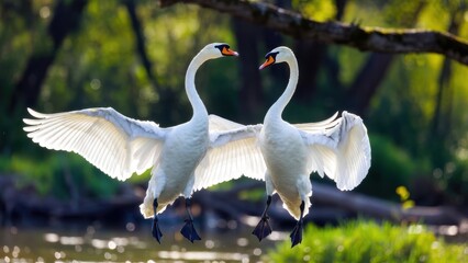 Obraz premium Two swans glide gracefully over calm water