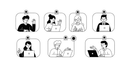 Fototapeta premium Diverse professionals engage in virtual meetings, collaborating remotely through video calls, showcasing teamwork, communication, and modern business interactions with clean line