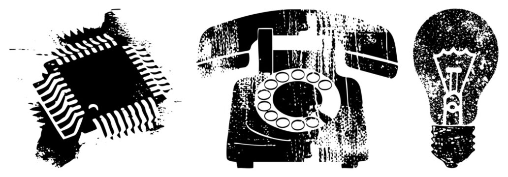 Retro tech symbols including microprocessor chip, rotary telephone, and incandescent bulb, stylized with halftone texture, isolated vector graphics for digital design.