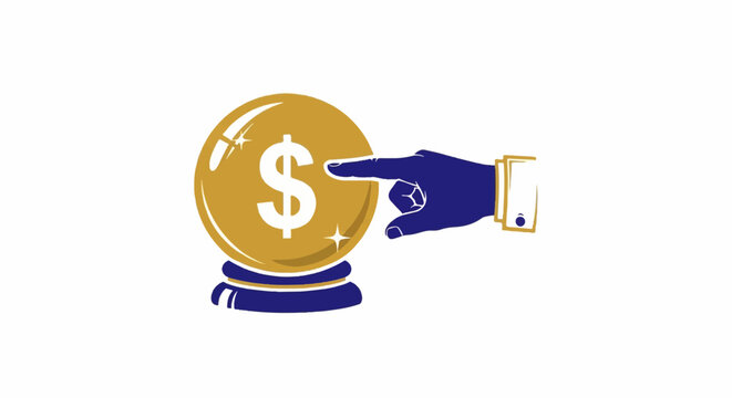 Hand pointing at a crystal ball with a dollar sign