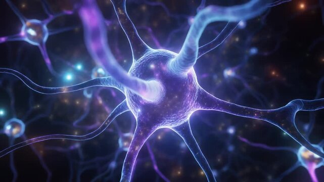 Close up of a neuron cell body with dendrites and axons, illustrating a network of brain cells and neural connections