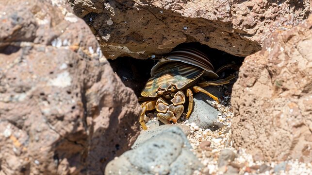 Close-up of a hermit crab nestled in a rocky crevice, sunlit, partially obscured