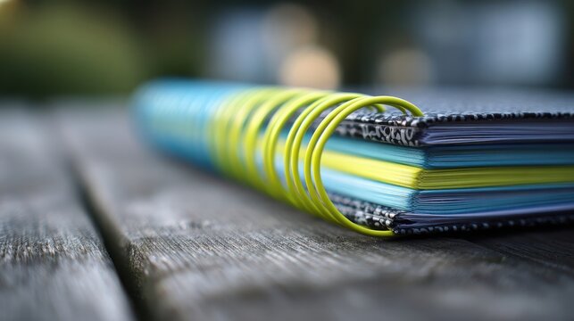 Vibrant Blue and Green Spiral Bound Journal with Yellow Binding Resting on a Wooden Surface
