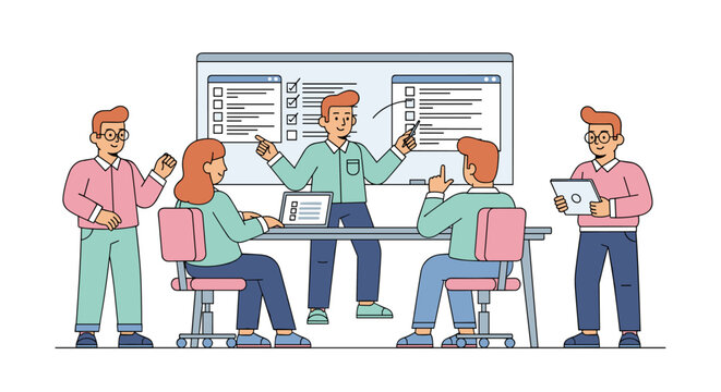 Diverse team collaborating around a table, presenting data on a large screen with checklists and tasks, demonstrating teamwork, planning, and project management in a modern office
