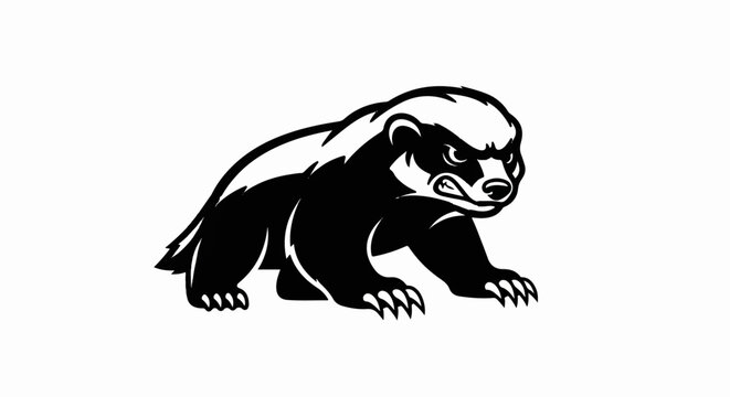 Fierce black and white illustration of a badger with sharp claws, showing teeth