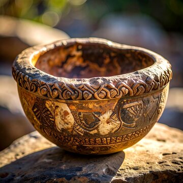 Ancient Ceramic Bowl with Intricate Carvings.