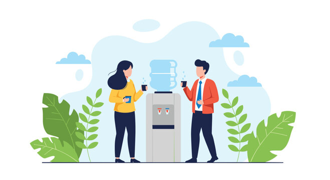 Man and woman talking at a water cooler, holding cups, surrounded by plants and clouds, symbolizing workplace communication and break.