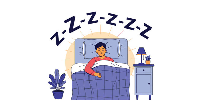 Man sleeping soundly and peacefully in bed with Z-Z-Z-Z-Z symbols, next to a nightstand and lamp, symbolizing rest and relaxation.