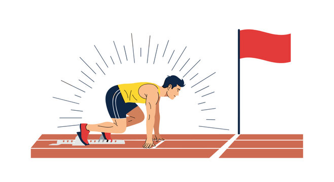 Male athlete in a starting position on a running track ready to sprint towards the red flag at the finish line.