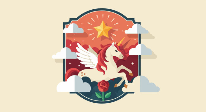 Majestic winged unicorn gallops through clouds towards a golden star
