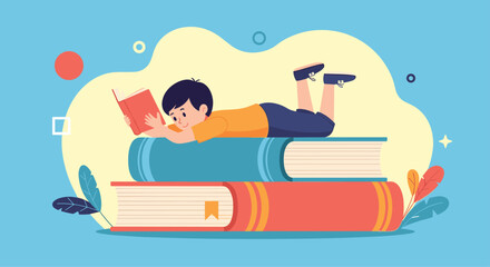 Obraz premium Young boy enjoys reading a book while lying on a giant stack of books promoting education imagination and a love for stories.