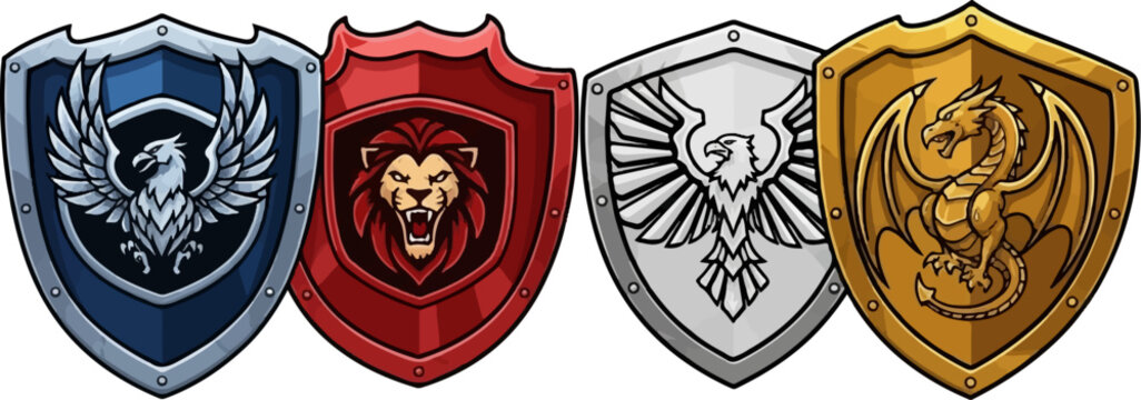Four pixel art shields depicting mythical creatures and a lion