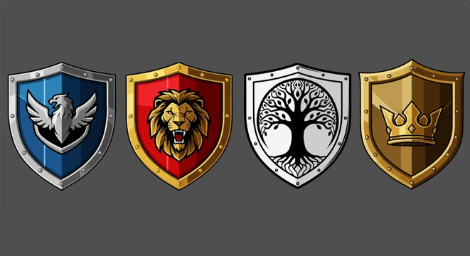 Four stylized shields featuring an eagle, lion, tree, and crown against a gray background
