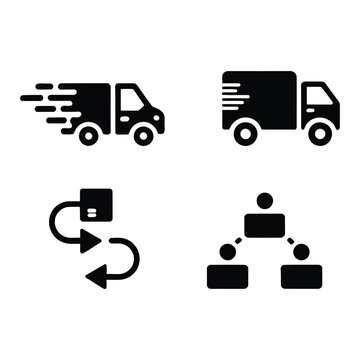 Delivery truck and logistics process icons, distribution flow chart, shipping management workshop, warehouse network planning, supply chain vector illustration
