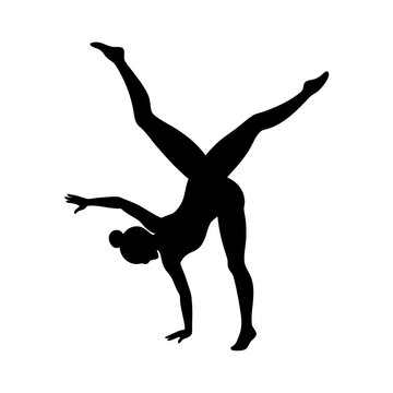 Acrobatic dancer silhouette performing handstand with legs split on transparent background