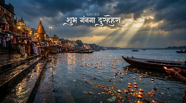 Ganga Dussehra Celebration with Floating Lamps in Varanasi India