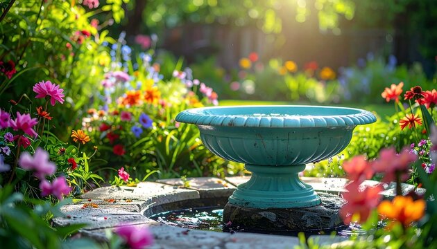 Bird bath in a vibrant, sunlit garden with a variety of colorful flowers blooming around it, creating a serene and picturesque scene.