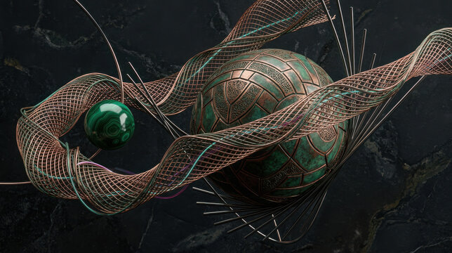 Abstract 3d composition with a patterned bronze sphere and a green malachite ball on dark marble