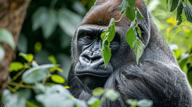 Close-up of a silverback gorilla, partially obscured by green foliage, gazing directly