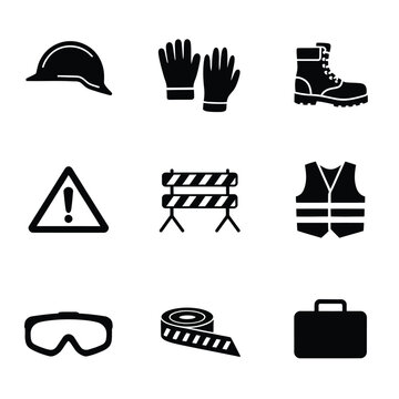 Safety equipment icons collection, hardhat gloves boots, warning signs barrier, goggles tape, toolbox briefcase, workplace hazard awareness, silhouette vector illustration
