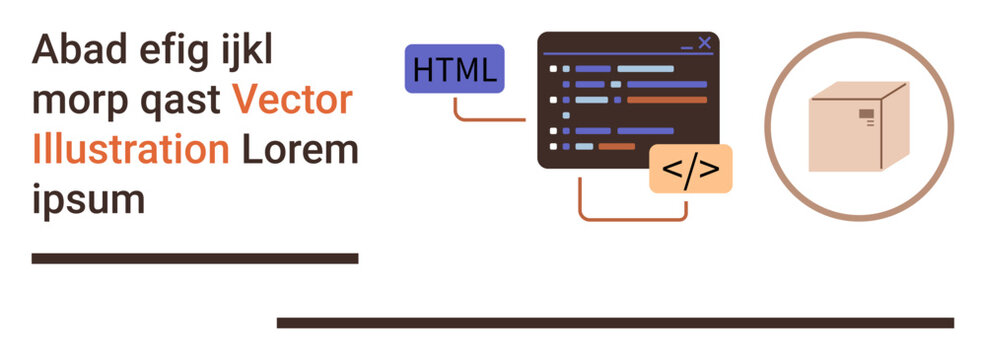 Web development, coding, programming education, e-commerce, software development, modern technology. Code editor with HTML and code tags, and a package symbol. Web development and coding concept