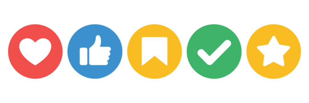 Social Media Like Buttons Icons Heart Thumbs Up Star Check Mark Engagement Reaction Vector Illustration Set Isolated Background