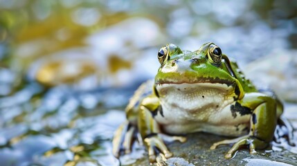 Obraz premium Close-up of a vibrant green frog resting on a rock near water
