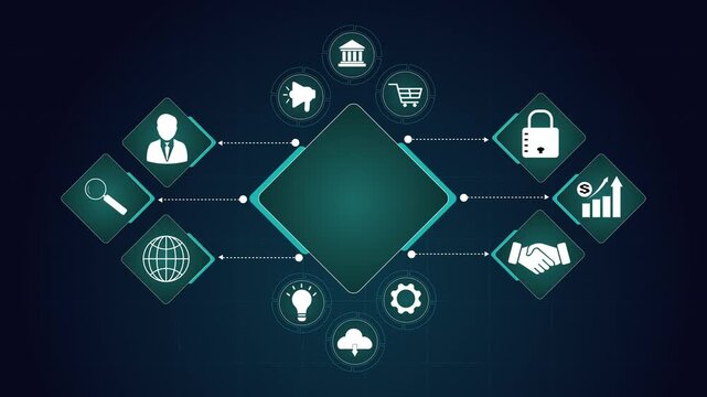 Digital business ecosystem and global corporate strategy, secure financial growth with marketing solutions, innovative leadership and professional network connectivity.