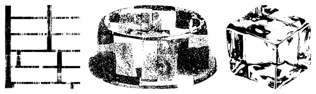 Stylized vector shapes including ladder, circular form, and ice cube with halftone texture, isolated graphic elements, minimalist black and white design.