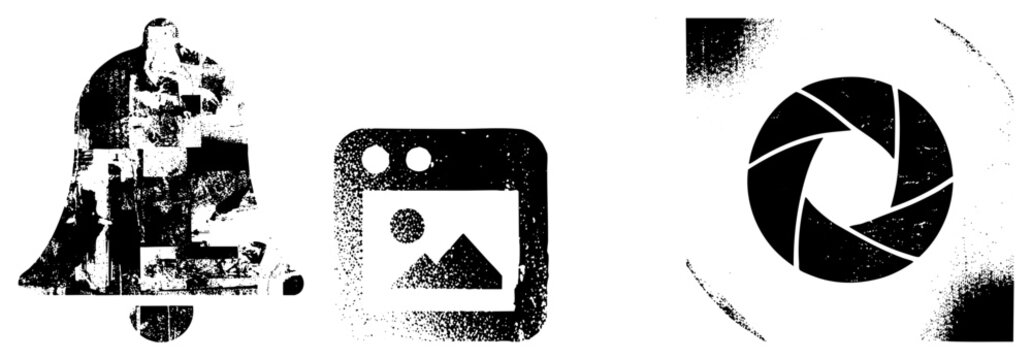 Pixelated notification bell, gallery, camera shutter symbol, distressed vector set, UI elements with grit, digital interface tools.