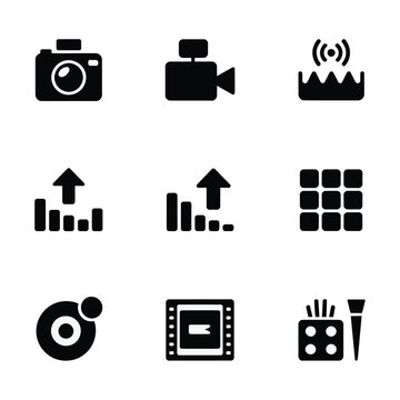 Media production icons set, camera, video camera, broadcast signal, chart graphic, menu layout, lens focus, frame, equalizer bars, vector illustration