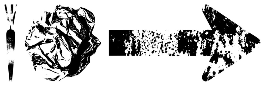 Paper ball morphs into arrow through digital manipulation, halftone texture, vector art, design transition, graphic illustration, abstract transformation, ink splatter effect.