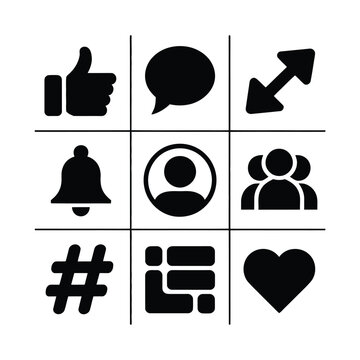 Social interface grid icons, like arrow share group bell hashtag heart, media dashboard elements, marketing kit, clean silhouette vector