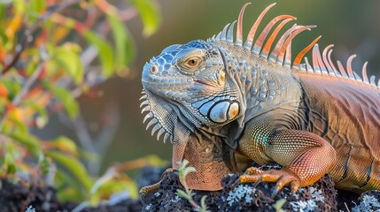 Fototapeta premium Close-up of a vibrant iguana with spiky crest, basking in sunlight, with blurry foliage