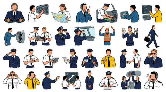 Collection of diverse aviation professionals in various roles and scenarios, illustrating the breadth of the airline industry.