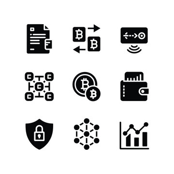 Blockchain finance icons set, document exchange, crypto coin tokens, transfer arrows, wallet, security shield, network nodes, trading analytics, vector silhouettes