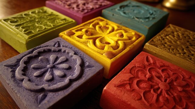 A vibrant assortment of intricately patterned batik stamps, showcasing floral and geometric designs in rich colors.