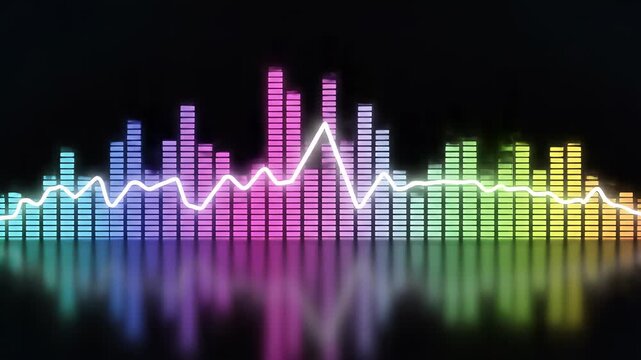 A vibrant, colorful equalizer display against a black background creates a dynamic and modern visual representation of sound and music.
