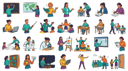 Fototapeta premium Diverse group of teachers and students engaged in various educational activities, illustrating a vibrant learning environment.