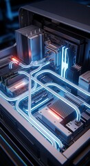Fototapeta premium Futuristic computer hardware with glowing blue neon tubes and internal components, representing advanced technology and digital innovation