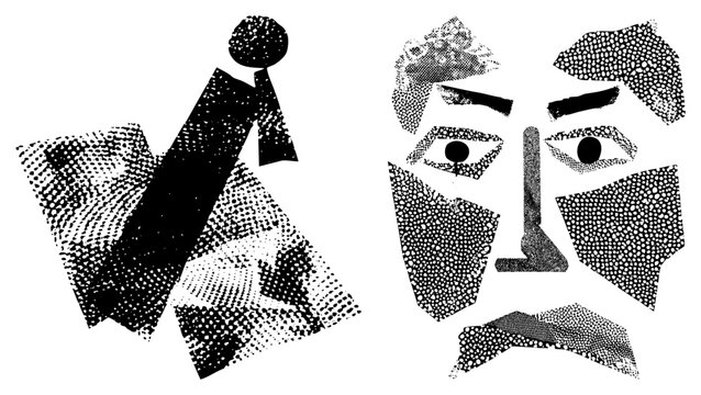 Stylized human face and walking figure rendered in halftone dots, graphic design elements, minimalist silhouette, vector art, dot matrix composition.