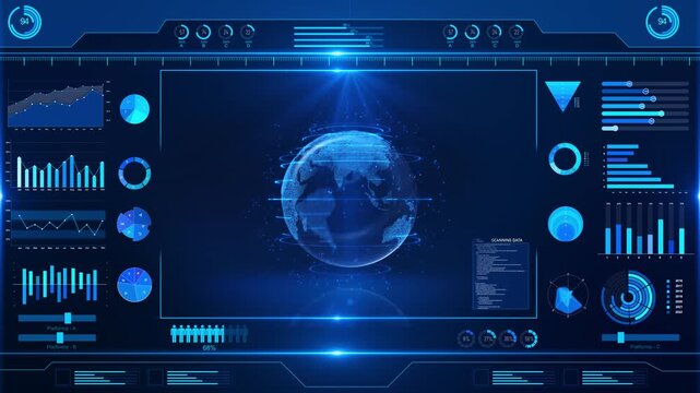 High tech digital world map features data points, graphs, global network connections. Technology digital big data data analytics, Technology abstract background digital data cybersecurity, and fintech