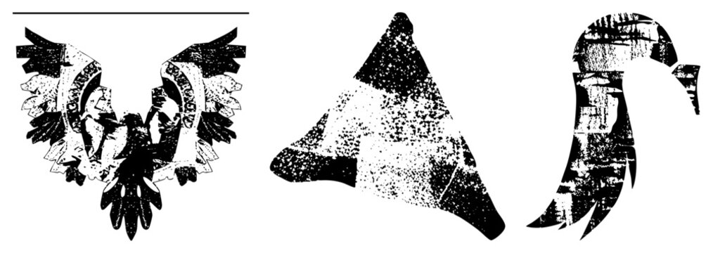 Three vector featuring distressed halftone, geometric shapes, and symbolic forms, ideal for graphic design or branding. Includes eagle motif, triangle, and flowing curve.