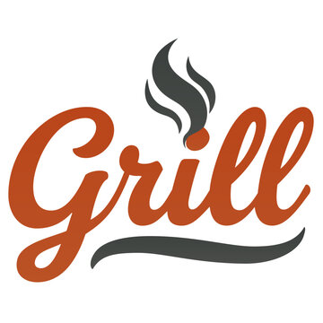 Retro Vintage Script Grill Logo with Flame and Swosh. Stylized retro script lettering "Grill" in terracotta orange.