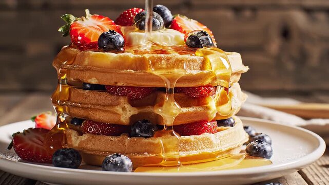 Golden honey pouring over a stack of warm waffles with fresh strawberries, blueberries, and melting butter. Slow motion.