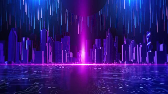 Futuristic smart city skyline glowing digital buildings, cyber connections, streaming data. AI, IoT, big data, cloud computing, blockchain, urban technology advanced technology virtual environment 3D