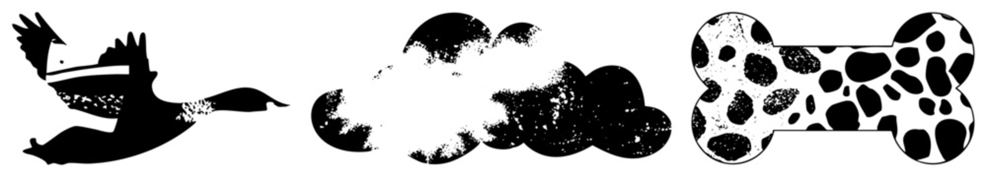 Bird in flight with textured, stylized cloud shape, spotted bone vector set, graphic design elements, isolated foreground objects.