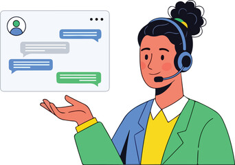 Fototapeta premium Friendly female customer service representative wearing a headset, presenting a chat interface with speech bubbles, symbolizing online support, communication, helpdesk services, and virtual assistance