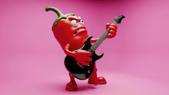 Chile rojo animado tocando la guitarra el&eacute;ctrica sobre fondo rosa, personaje divertido para marketing de comida mexicana, festivales de m&uacute;sica y promociones de Cinco de Mayo.